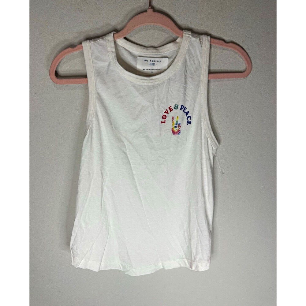 Sol Angeles x Anthropologie White Love & Peace Graphic Crew Neck Tank Top XS